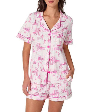 Jet Setter Toile Print Organic Cotton Blend Short Sleeve Notch Collar Knit Shorty Pajama Set | Dillard's
