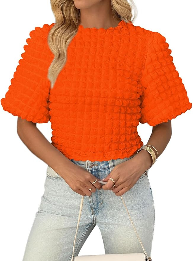 Women's Short Puff Sleeve Tops 2025 Trendy Crewneck Slightly Crop Tops Textured T Shirts Casual S... | Amazon (US)