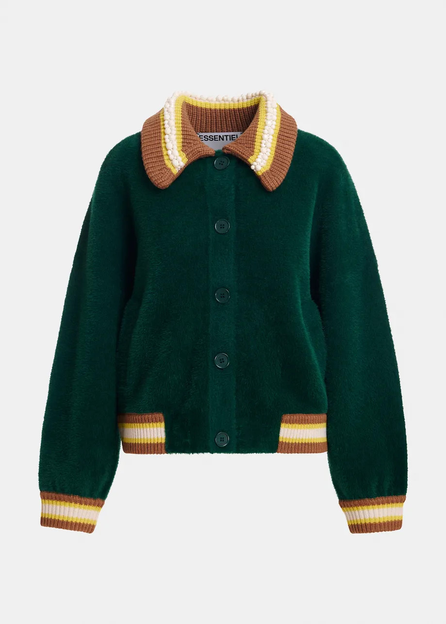 Dark green cardigan with brown, yellow and off-white embellished collar | Essentiel Antwerp Unite... | Essentiel Antwerp