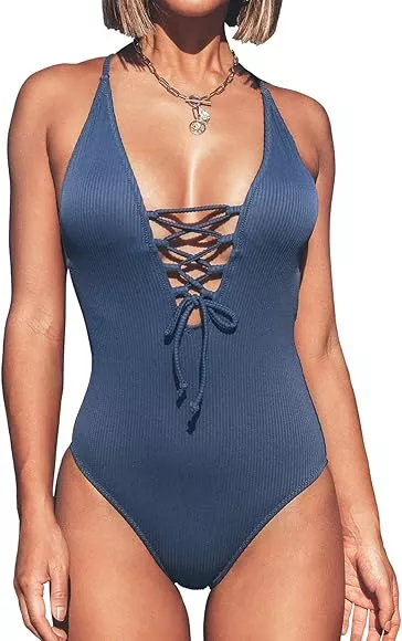 CUPSHE Women's Solid Color V Neck Lace Up One Piece Swimsuit, XS at   Women's Clothing store