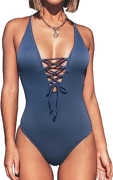 CUPSHE Women's Solid Color V Neck Lace Up One Piece Swimsuit | Amazon (US)