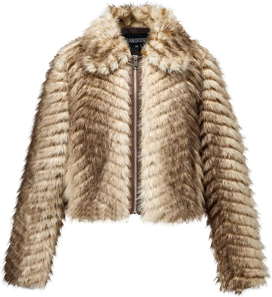 GRAN ORIENTE Women Faux Fur Leopard Print Cropped Jacket,Fleece Fluffy Leather Lined Zip Up Coat | Amazon (US)
