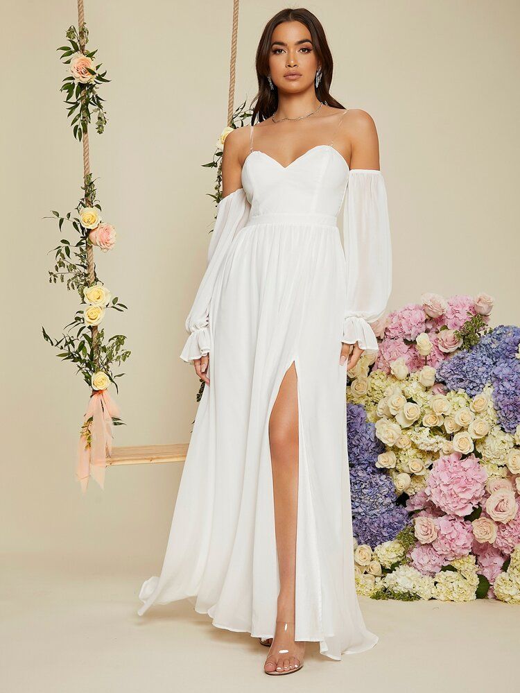 SHEIN Transparent Shoulder Strap Flounce Sleeve Split Thigh Prom Dress | SHEIN