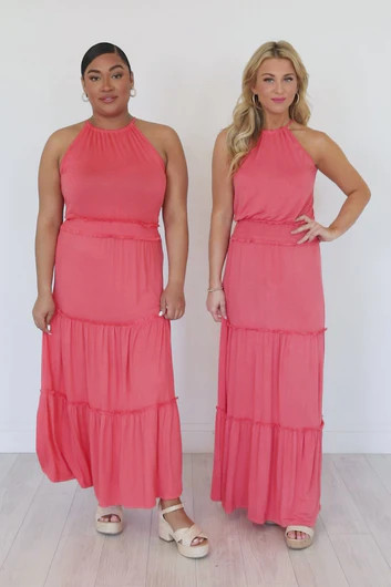 Stay A While Coral Halter Neck Maxi Dress FINAL SALE | Pink Lily
