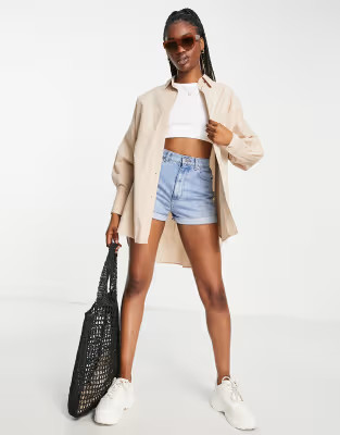 Stradivarius oversized dad cotton shirt in stone | ASOS (Global)