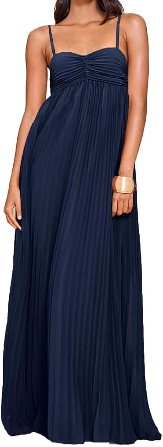 Women's Plisse Dress Adjustable Spaghetti Strap Maxi Solid Party Wedding Guest Dresses | Amazon (US)