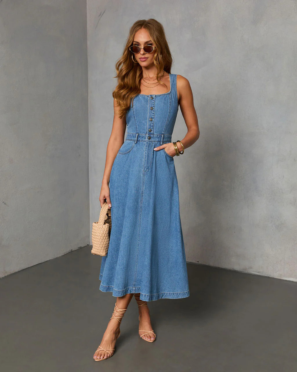 Day Ready Denim Midi Dress - Medium Wash / S | VICI