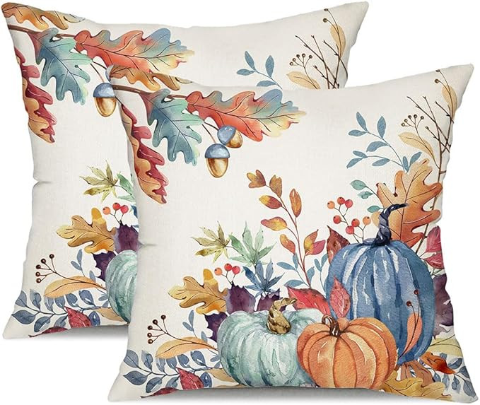 DFXSZ Fall Pillow Covers 18x18 inch Set of 2 Blue and Green Watercolor Pumpkin Fallen Leaves Deco... | Amazon (US)