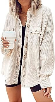 loveimgs Women's Baggy Band Collar Waffled Button Down Frayed Knit Shirt Shacket Coat Tops | Amazon (US)