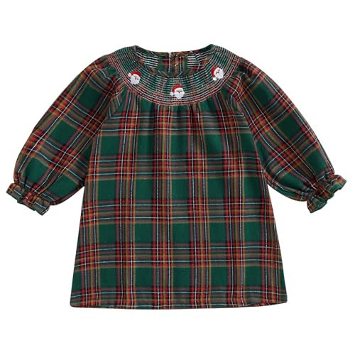 Kayotuas Toddler Kids Baby Girl Plaid Dress Smocked Ruffle Long Sleeve Botton Down Shirts Dresses Infant Christmas Outfits (Green Plaid Santa Embroidery, 12-18 Months) | Amazon (US)