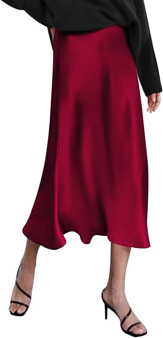 Zeagoo Womens Midi Skirt High Waisted Solid Satin Dress Zipper Elegant Work Skirts | Amazon (US)