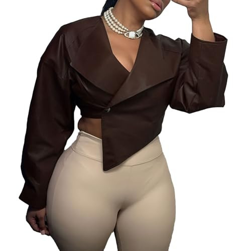 Molilove Crop Leather Jacket Women Faux Leather Long Sleeve Lapel Neck Button Down PU Coats Fall Going Out Jackets | Amazon (US)