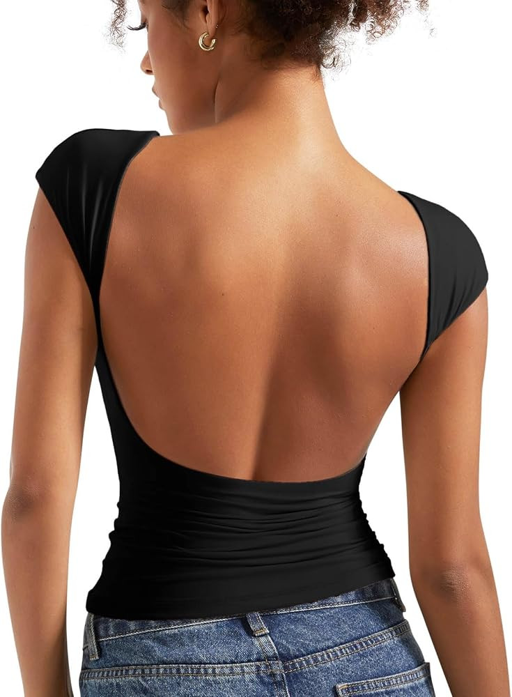 SUUKSESS Women Backless Sexy Going Out Tops Double Lined Open Back Y2k Basic Tee Shirts | Amazon (US)