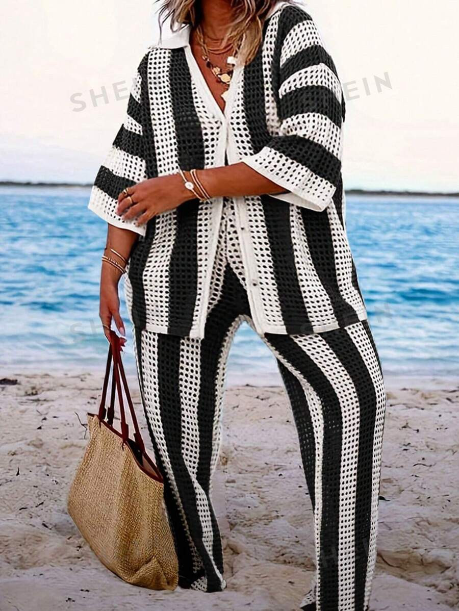 SHEIN LUNE Plus Size Sweater Set, V-Neck Long Sleeve Striped Top And Loose Straight Leg Pants | SHEIN