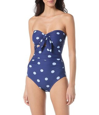 Downtown Dot Tie Front Cut-Out Shirred Bandeau One Piece Swimsuit | Dillard's