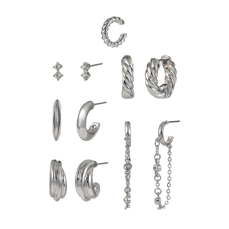 Time and Tru Adult Female Silver-Tone Crystal Stone Cable Chain Dangle and Textured Hoop Multi St... | Walmart (US)