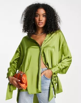 ASOS DESIGN oversized satin shirt with tie cuff detail in green co-ord | ASOS | ASOS (Global)