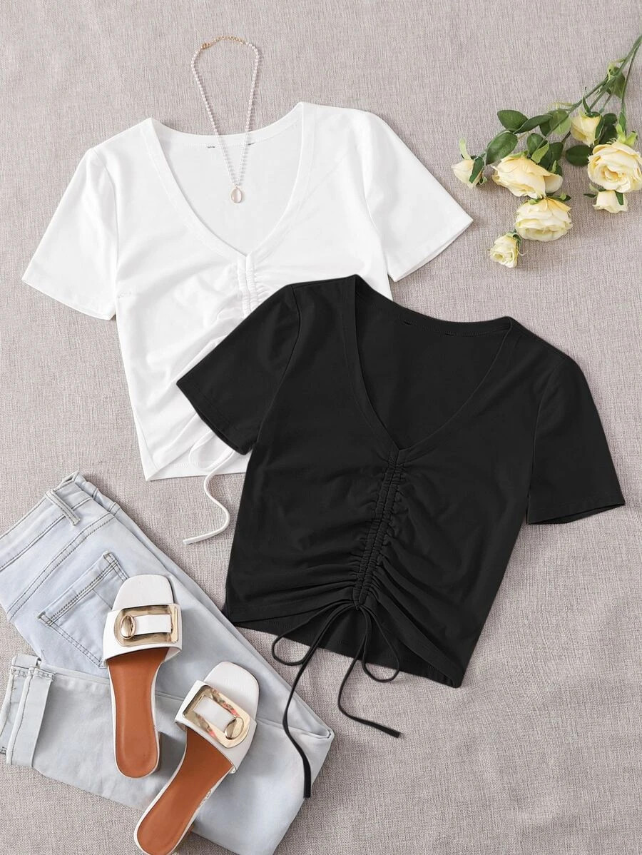 SHEIN 2 Pack Drawstring Ruched Tee | SHEIN