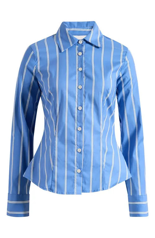 Reformation Raya Fitted Stretch Organic Cotton Shirt in Lake Stripe at Nordstrom, Size 2 | Nordstrom