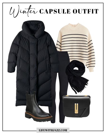 Winter comfy casual capsule outfit 

Puffer coat 
Striped sweater 
Pockets with leggings 
Leather tote 
Laguna Chelsea boots 

Capsule wardrobe / minimalist outfit 

#LTKunder100 #LTKfit #LTKtravel
