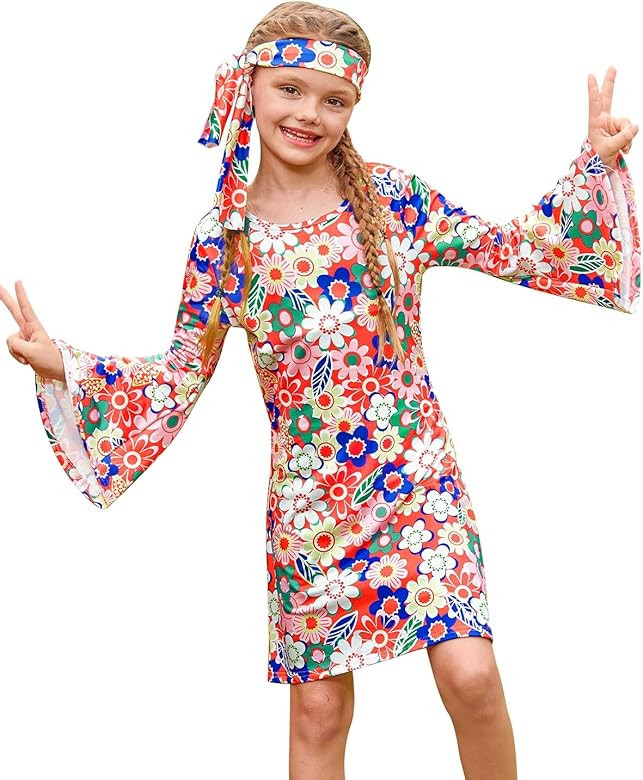 BesserBay Girl's 70s Retro Hippie Bell Sleeve Midi Dress with Headband 4-14 Years | Amazon (US)
