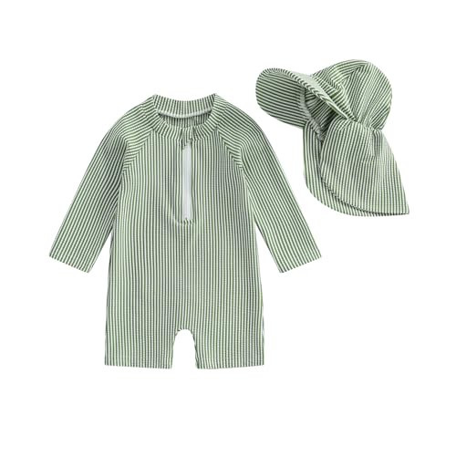 Baby Boys Girls Swimsuit One Piece Striped Zipper Bathing Suit Rash Guard Long Sleeve Seersucker Swimwear Sunsuit (Green, 6-12 Months) | Amazon (US)
