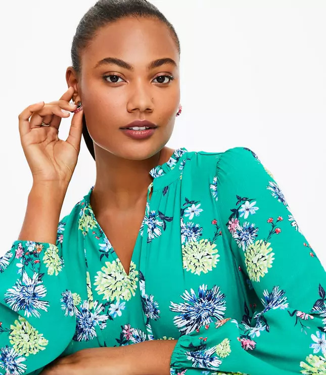 Bouquet Ruffle Tie Neck Blouse | LOFT