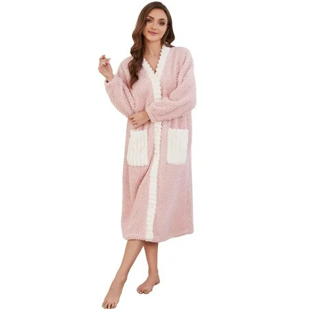 HEARTNICE Womens Plush Robe Lightweight Fluffy Bathrobe Button Warm Loungewear (Light Pink+White L-XL) | Walmart (US)