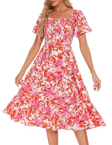 Bbonlinedress Womens Boho Dress Fall Wedding Guest Midi Floral Smocked Red Flowy Dresses,Red Pink Flower M | Amazon (US)