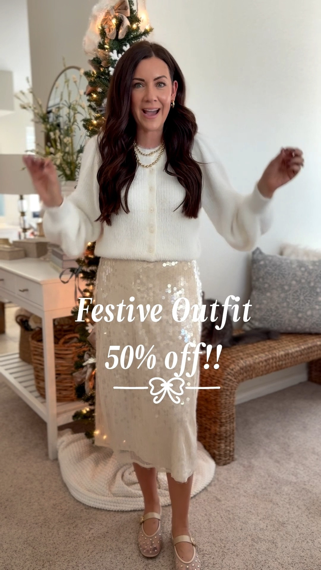 Old Navy holiday outfit idea all 50% off!! Wearing a small in the cardigan and skirt. I did go down a whole size in the flats they do run big.
#oldnavystyle 

#LTKHoliday #LTKSaleAlert #LTKCyberWeek