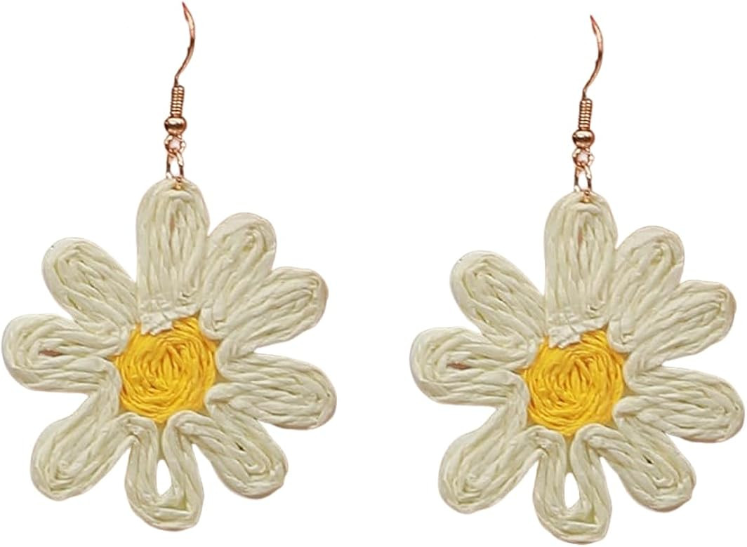 Flower Rattan Earrings Summer Boho Raffia Sunflower Dangle Earrings for Women Handmade Lightweigh... | Amazon (US)
