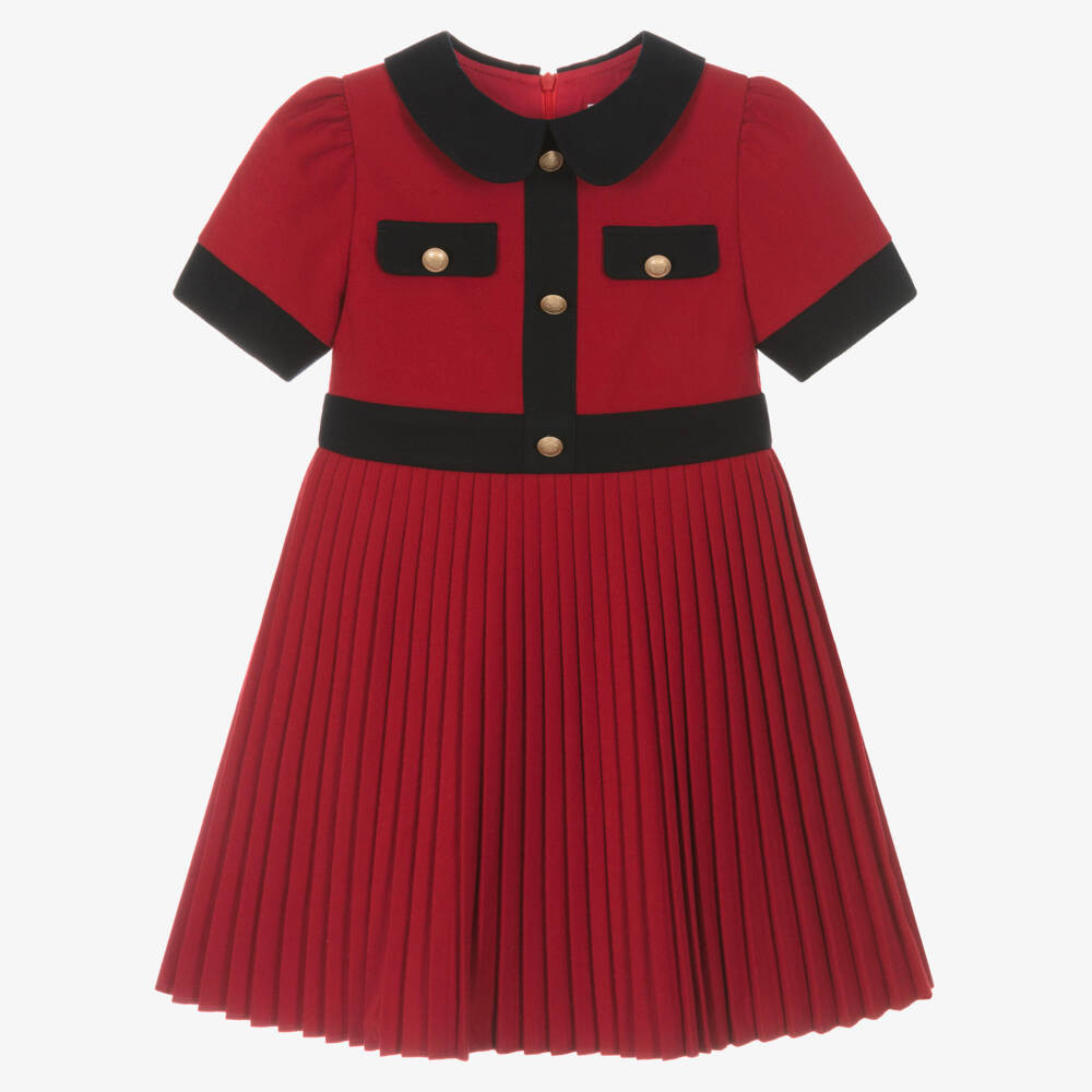 Girls Red Flannel Dress with Navy Blue Trim | Childrensalon