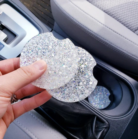 Glittered Holographic White Car Cupholder Coasters// Glittered Coasters// Car Accessory// Coaster... | Etsy (US)