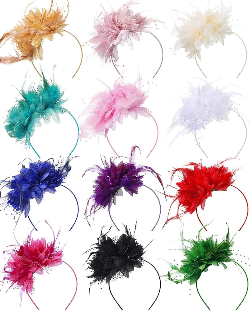 12 Pcs Fascinators Hats Tea Party Headwear with Veil Vintage Feathers Pearl on a Headband or a Cl... | Amazon (US)