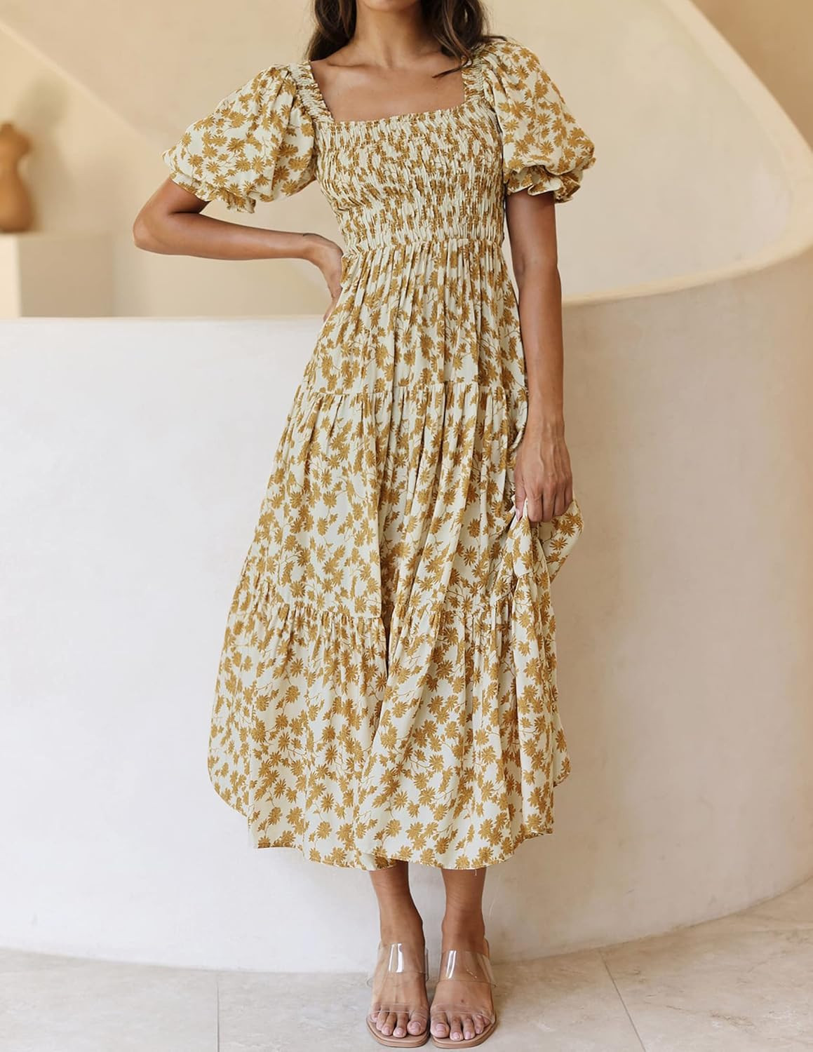 ZESICA Women's 2023 Summer Boho Floral Print Square Neck Ruffle Swing Beach Long Maxi Dress | Amazon (US)