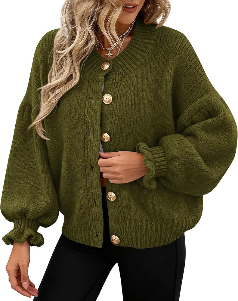 PRETTYGARDEN Womens Cropped Cardigans Trendy 2026 Ruffle Open Front Chunky Knit Sweater Oversized... | Amazon (US)