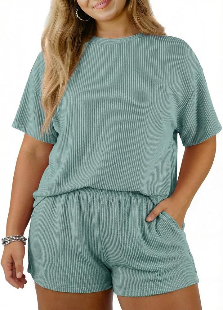 Eytino Plus Size Two Piece Sets for Women Short Sleeve Shirts High Waisted Shorts Pajamas Lounge ... | Amazon (US)