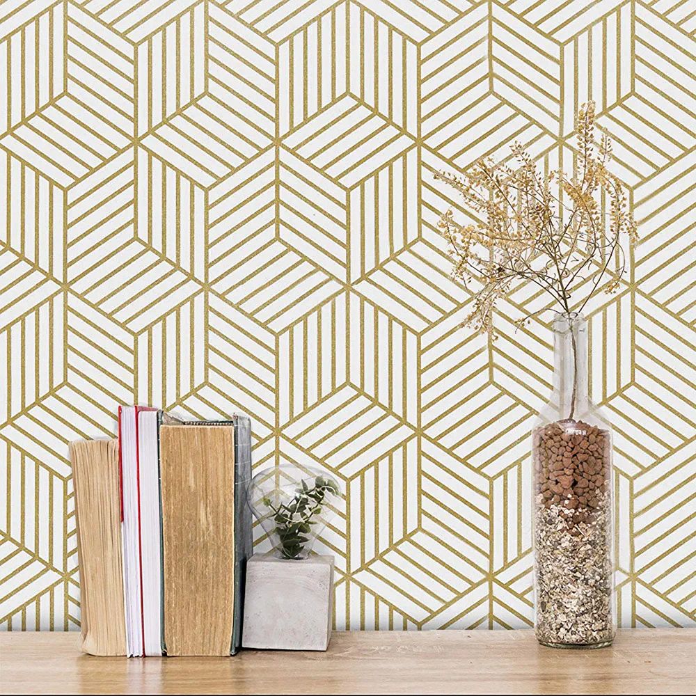 Gold and White Geometric Wallpaper Peel and Stick Wallpaper Hexagon Removable Self Adhesive Wallp... | Amazon (US)