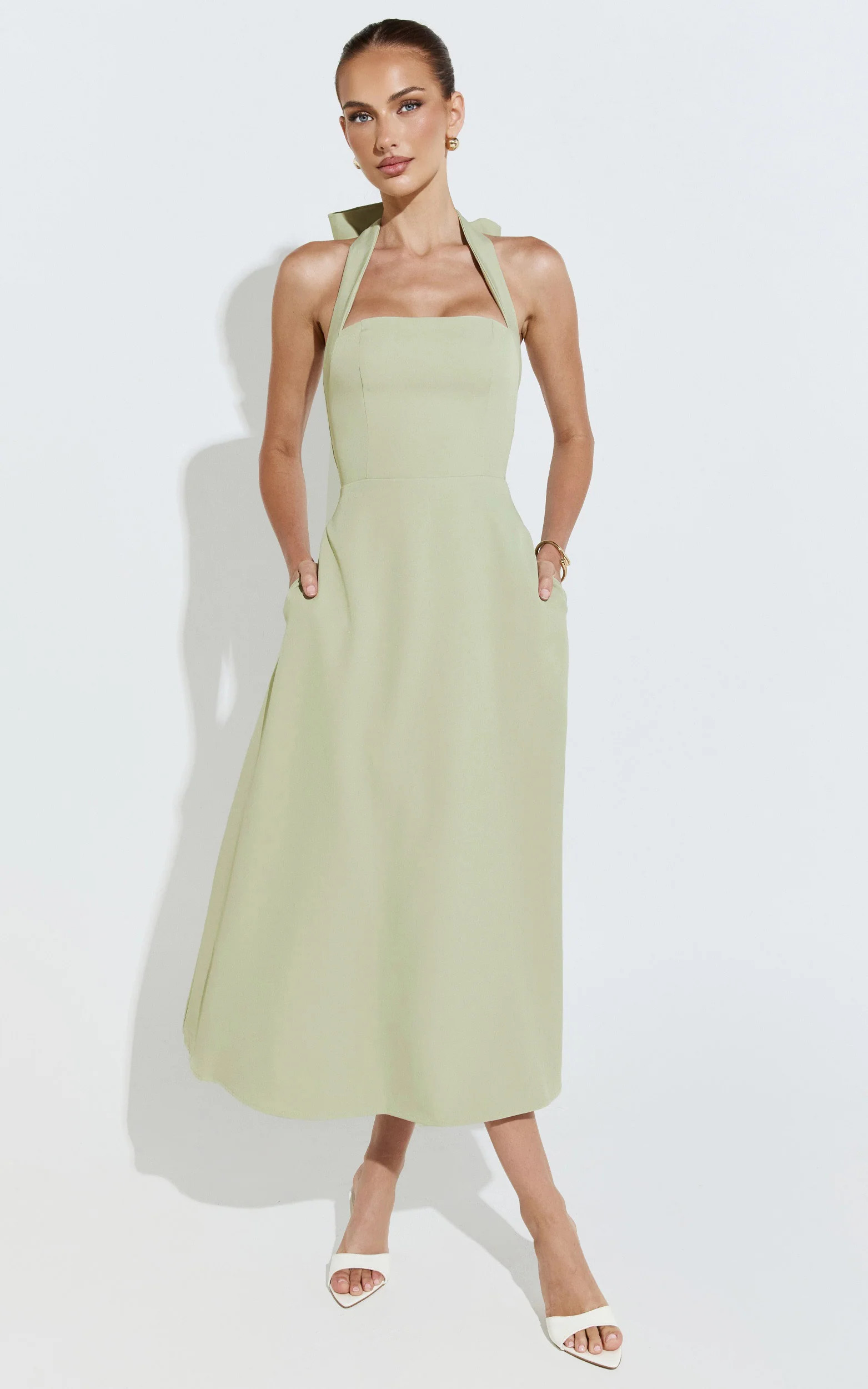 Karissa Midi Dress - Halter Neck Fit and Flare Midi Dress in Pistachio | Showpo (US, UK & Europe)