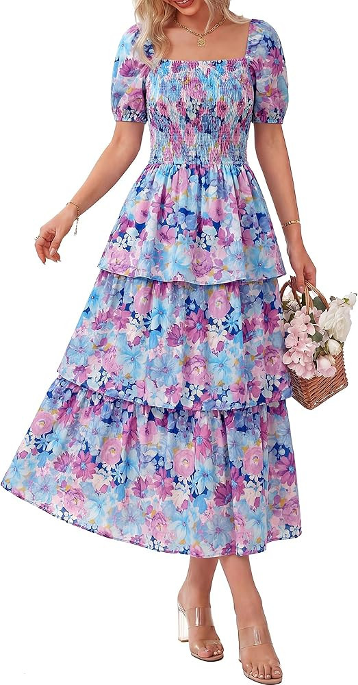 BTFBM Womens Square Neck Smocked Dress Summer Puff Short Sleeve Floral Casual Ruffle Tiered Maxi ... | Amazon (US)
