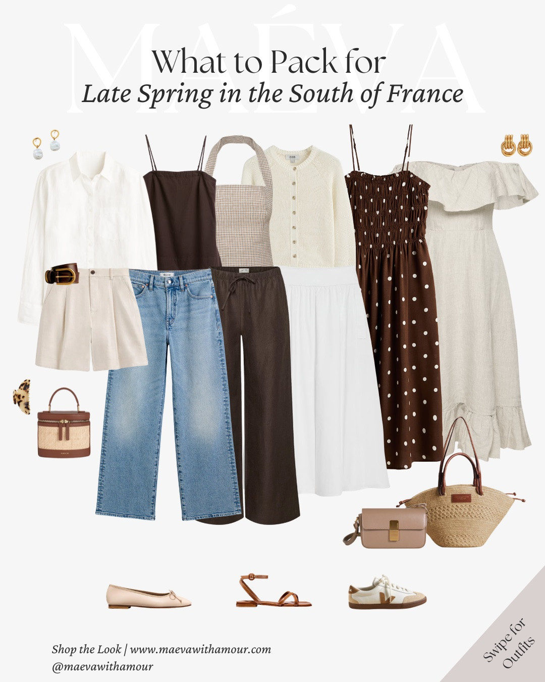 What to Pack for Late Spring in the South of France 🤎 Featuring 17 Outfit Ideas

Heading back home to the South of France in just a few days, and I truly can’t wait 🌞 From slow mornings in my hometown to long lunches, market strolls, and evenings that stretch a little later than planned, there’s something so special about dressing for this time of year! 

I loved putting together this capsule, inspired by a few pieces that are similar to what I’ll be packing for this trip home 🤍 effortless, versatile, and easy to mix and match throughout the trip 

For this edit, I focused on a cohesive palette of soft whites, denim, warm browns, and light textures that feel elevated yet comfortable 🤎 Pieces that transition seamlessly from day to evening for late spring and early summer, that can all be styled multiple ways without overpacking

While this capsule is inspired by the South of France, it works beautifully beyond, whether you’re heading to Spain, Italy, or Greece, or simply looking to build a refined, everyday spring or summer wardrobe you can wear on repeat! 

Packing notes for late spring in the South of France:
-build around a cohesive, neutral palette
-prioritize breathable fabrics like linen and cotton
-choose comfortable shoes for cobblestone streets
-focus on pieces that can be styled multiple ways
-add light layers for cooler mornings and evenings
-leave room in your suitcase for special finds along the way

🤍 Love this capsule? Comment SHOP to receive the link, or head to the link in bio to explore the full edit and more

🧳 I’ve also shared the full packing guide and personal notes for the French Riviera over on maevawithamour.com

👉 Save and follow along for more French-inspired style, thoughtful edits, and wardrobe ideas designed to elevate your everyday

With Amour, M.

@Machete @SEZANE @ATELIERS AUGUSTE @PARIS/64 @Madewell @jcrew @Aritzia @Margaux

#LTKTravel #LTKSeasonal #LTKootd