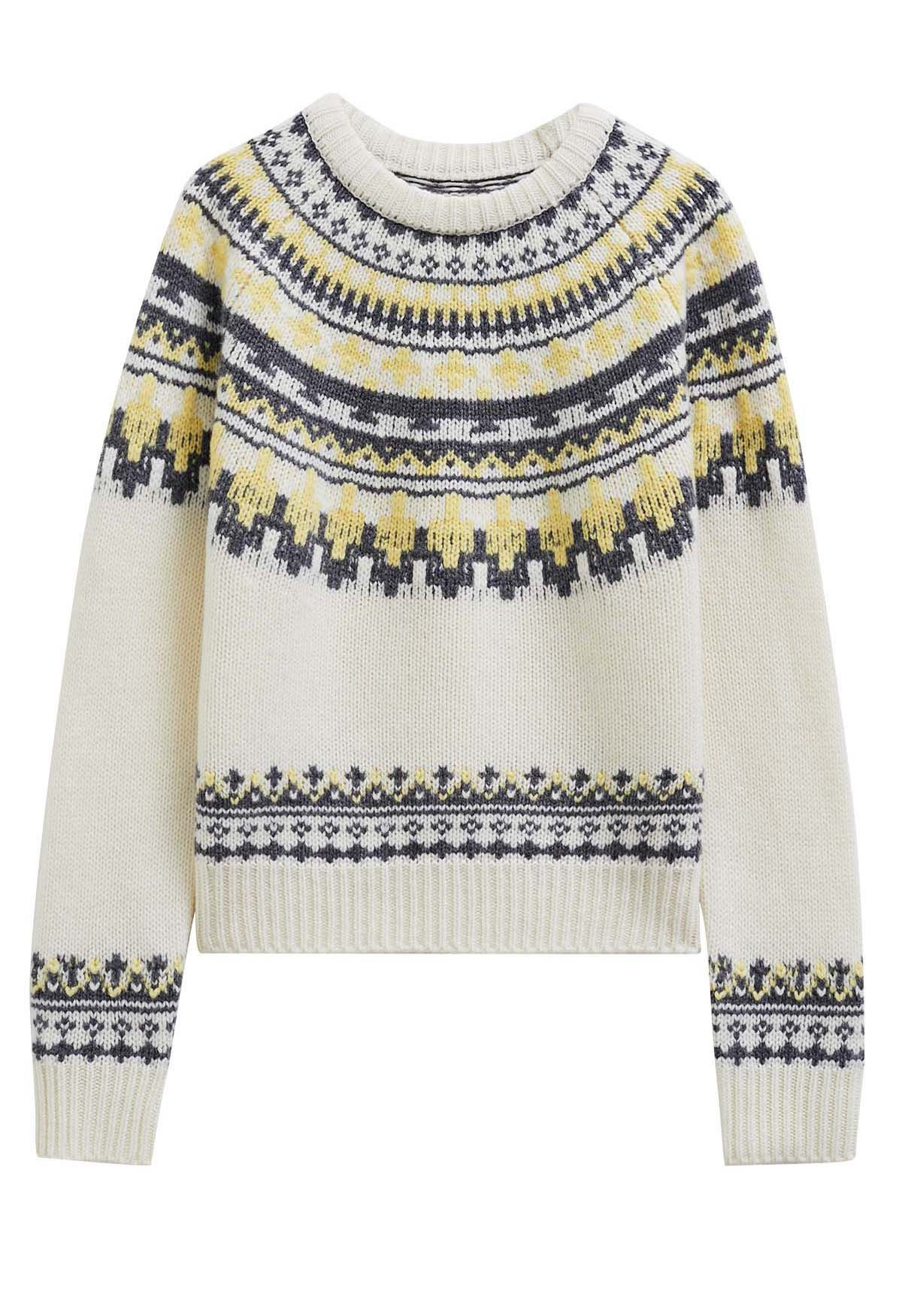 Nordic-Inspired Fair Isle Knit Sweater in Cream | Chicwish
