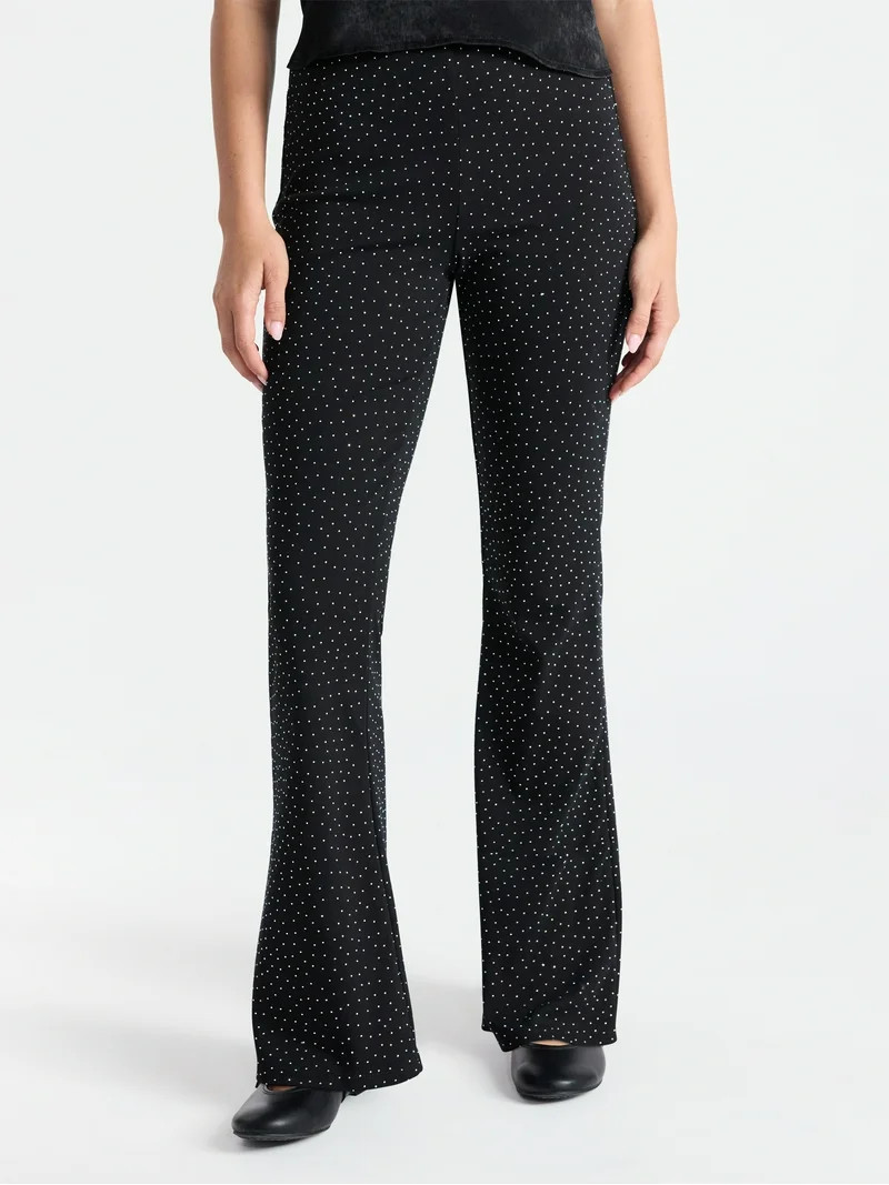 No Boundaries Faux Rhinestone Studded Ribbed Flare Pants, 31'' Inseam, Women's | Walmart (US)