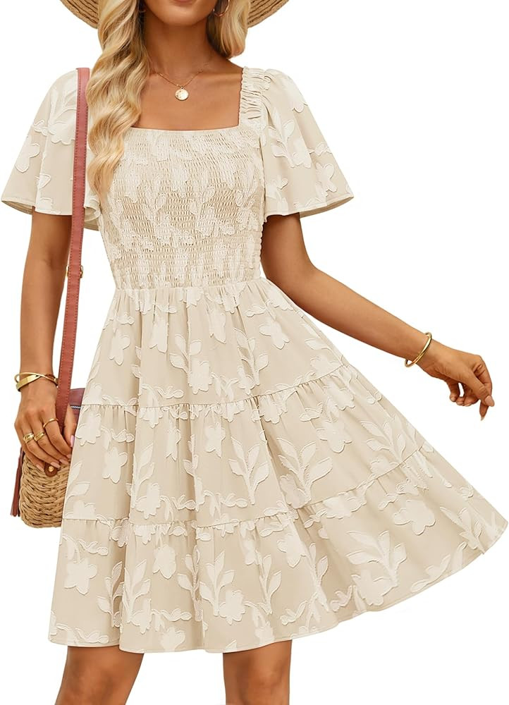 ZESICA Women's Summer Boho Floral Mini Dress 2026 Casual Short Sleeve Square Neck Swing Beach Vac... | Amazon (US)