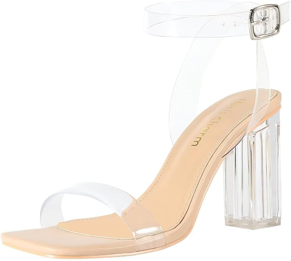 Heels Charm Women's Clear Chunky Block Heeled Sandals 3.74 Inches Open Toe Ankle Strap Block High... | Amazon (US)