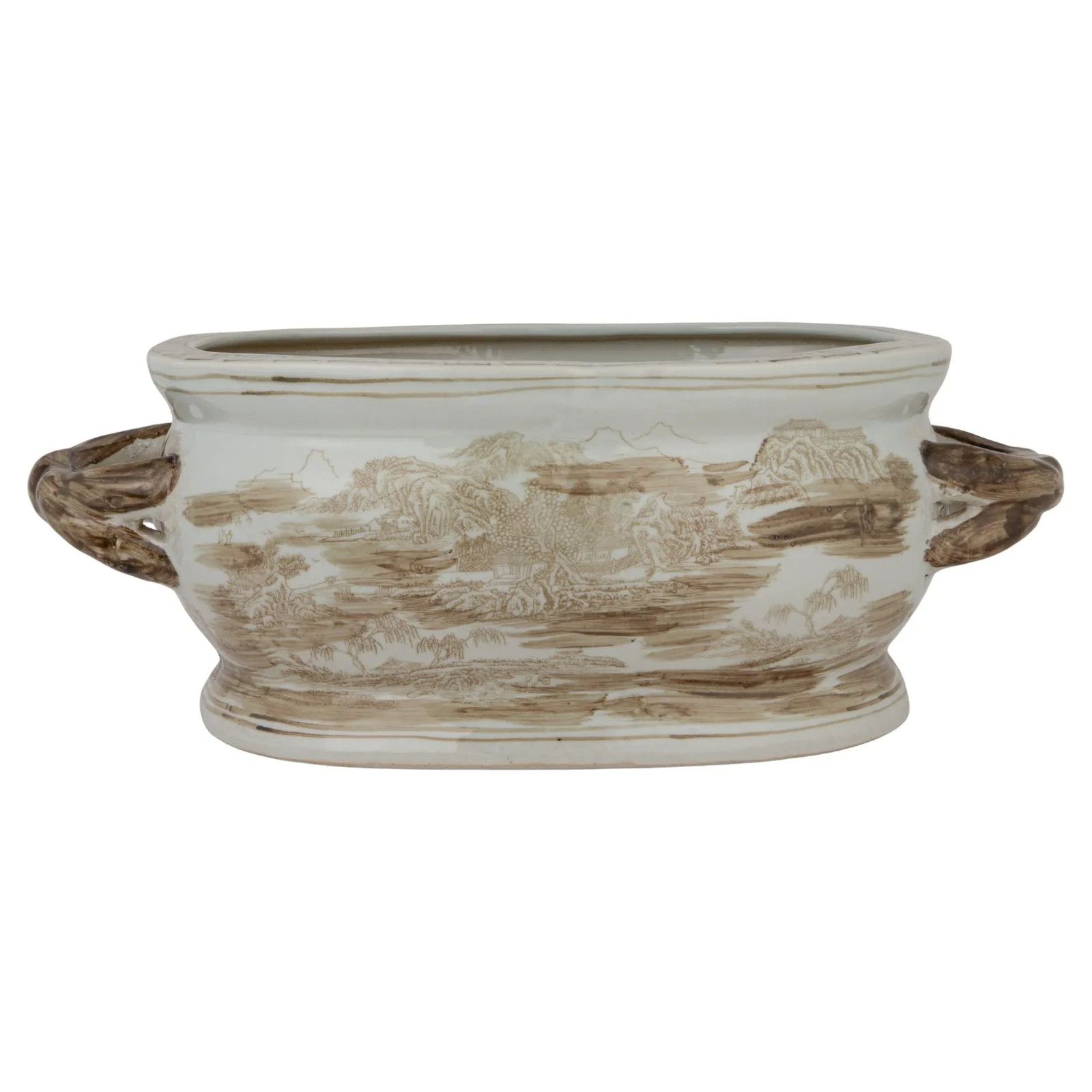 Hazel Updated Traditional Tan Ceramic Oval Planter | Kathy Kuo Home