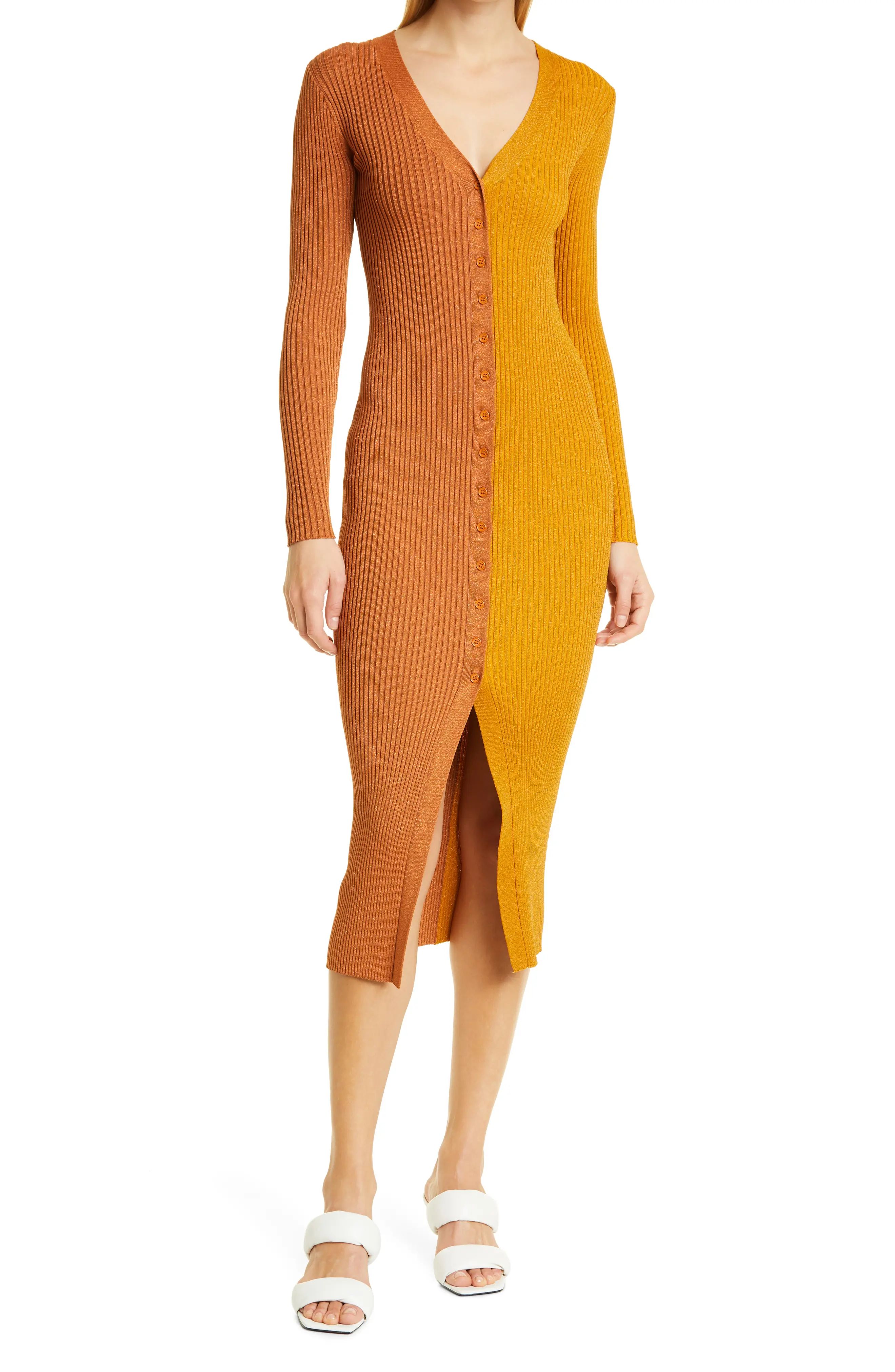 STAUD Shoko Long Sleeve Color Block Sweater Dress in Bronze/Ochre at Nordstrom, Size X-Large | Nordstrom