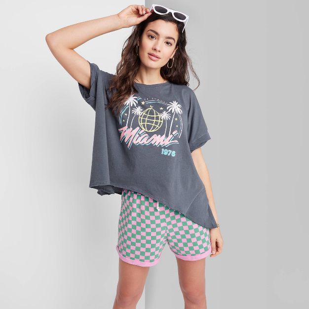 Women's Ascot + Hart Miami Short Sleeve Cropped Graphic Top - Gray | Target