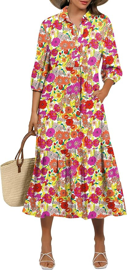 ANRABESS Women Summer Dress 2026 3/4 Puff Sleeve Polo V Neck Floral Print Casual Boho Shirt Maxi ... | Amazon (US)