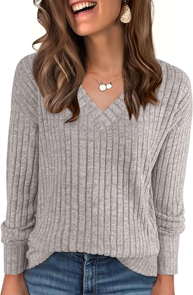 ANRABESS Long Sleeve Shirts for Women V Neck Casual Fall Tops Loose Fit Lightweight Sweaters Tuni... | Amazon (US)